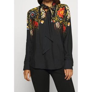 Desigual Black Floral Tie Neck Long Sleeve Blouse M